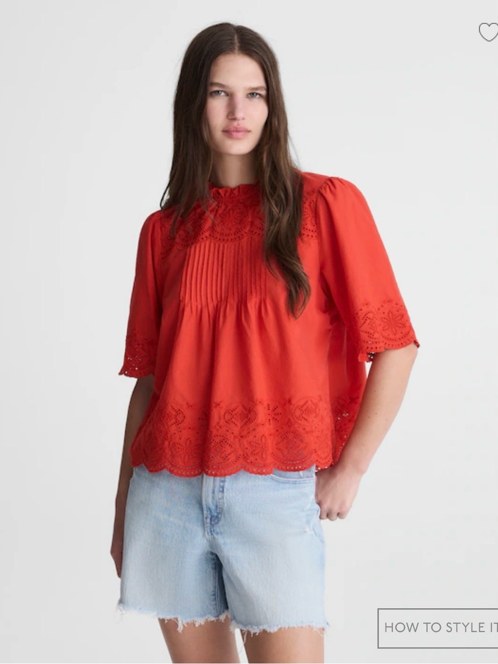 Madewell Embroidered Pintuck High Neck Top in Wild Poppy Size XS. NWT